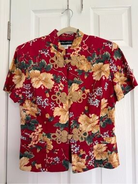 VTG Donna Morgan Linen Cotton Blend Boho Red Floral Blouse Mandarin Collar sz10